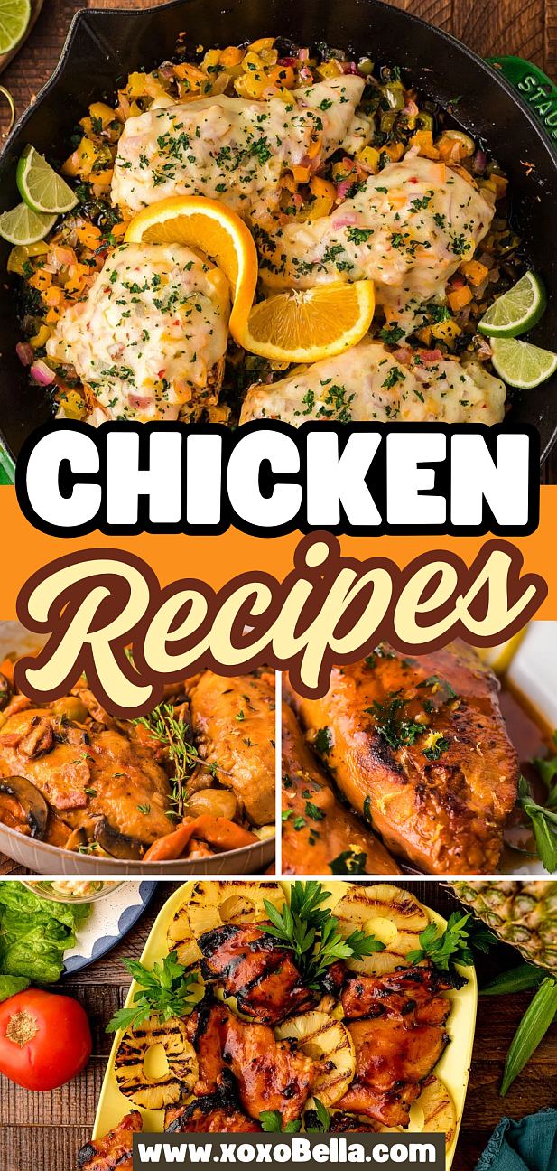 A collage of various cooked chicken recipes featuring herbs, citrus slices.