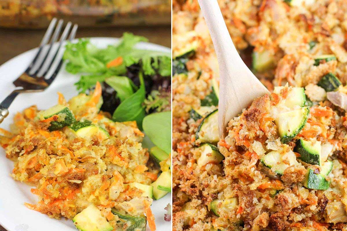 Two images of vegetable casseroles: one in a 9x13 baking dish with a side salad, and the other being served with a wooden spoon.