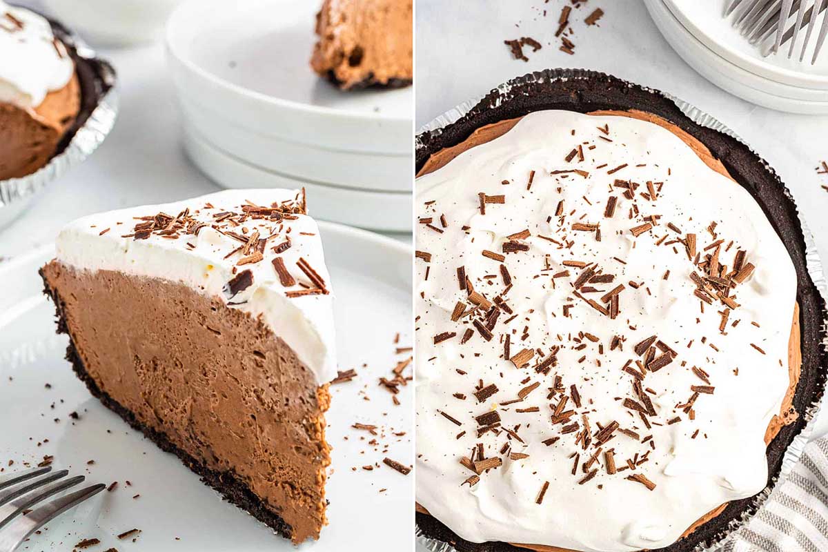 A chocolate pudding mix pie with whipped cream topping and chocolate shavings, served on a plate beside a whole pie.