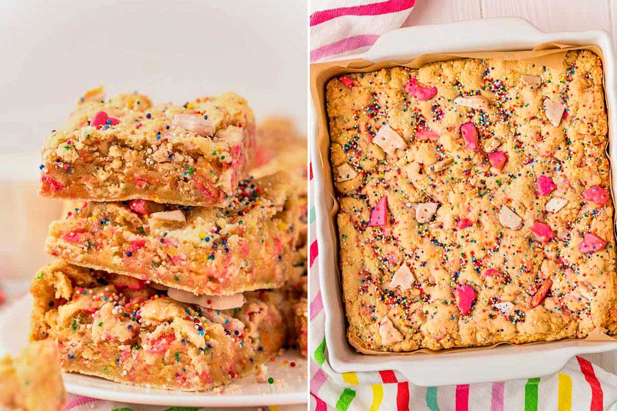 A stack of colorful sprinkle bars on the left, inspired by recipes that use circus animal cookies, and a baking dish with a full batch of similar bars on the right, on a striped cloth.