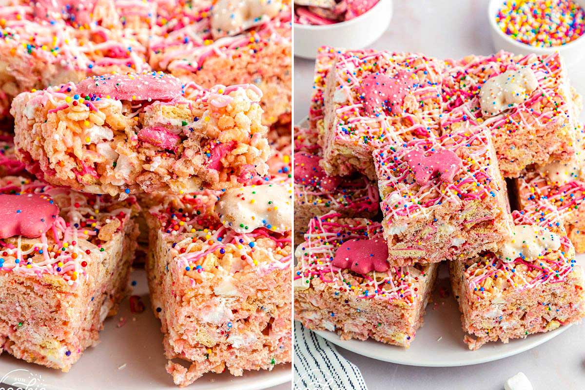 Plate of pink rice krispie treats topped with circus animal cookies and sprinkles, displayed in a bright, festive setting.