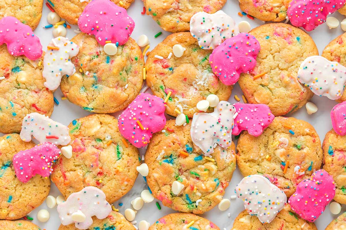 Recipes that use circus animal cookies with colorful sprinkles and frosting, displayed on a light background.