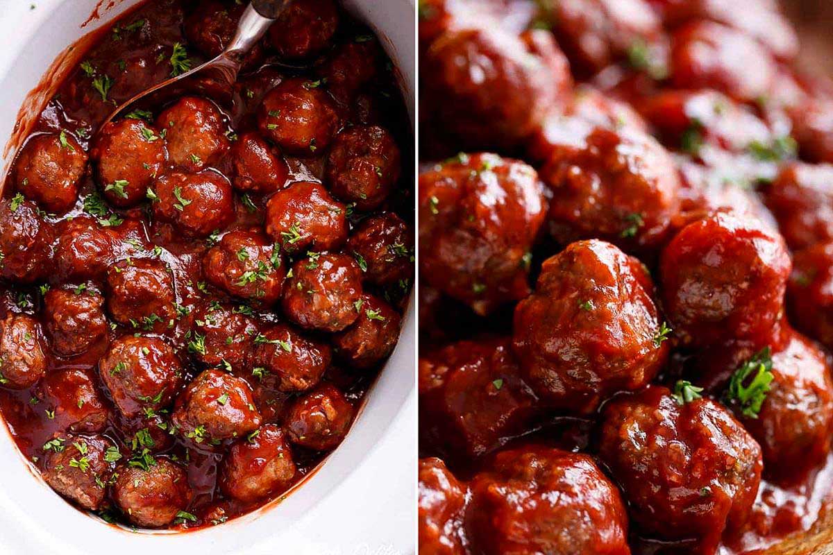 Two images of meatballs in ketchup-based barbecue sauce; the left shows a spoon scooping them from a bowl, and the right focuses closely on the glazed meatballs topped with herbs.