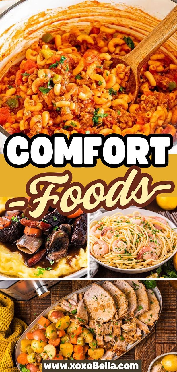 Collage of comfort food: macaroni stew, beef with mashed potatoes, shrimp pasta, and roasted meat with potatoes.