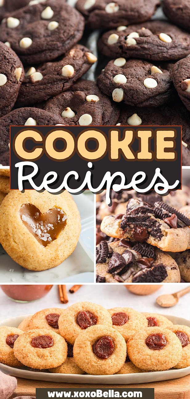 Four types of cookies, featuring classic cookie recipes like double chocolate, jam thumbprint, and chocolate chip, arranged in a vibrant collage.