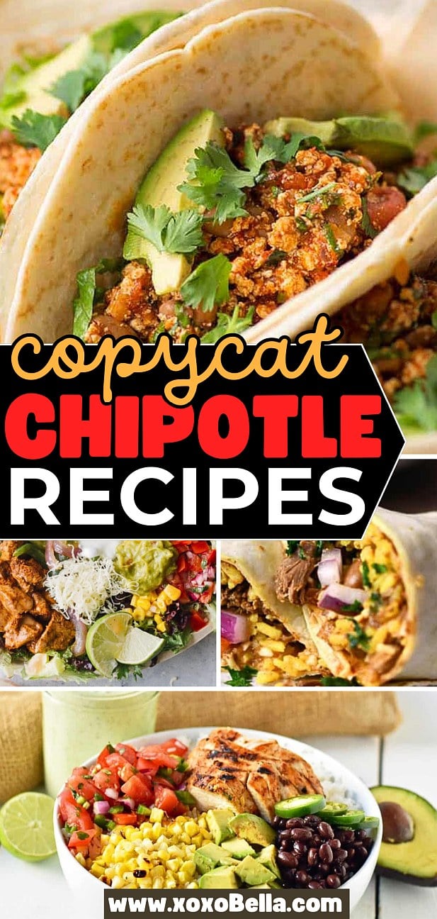 Three tacos with avocado and cilantro, plus bowls of rice, beans, corn, and chicken—perfect for trying your favorite copycat Chipotle recipes at home.
