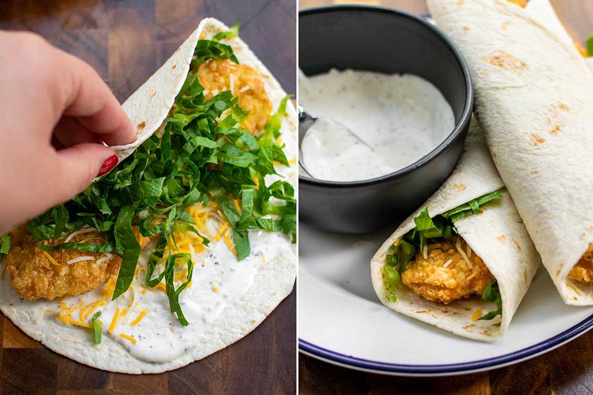 Preparing a chicken wrap with fresh greens and cheese, inspired by McDonald's recipes, served with a side of creamy sauce.