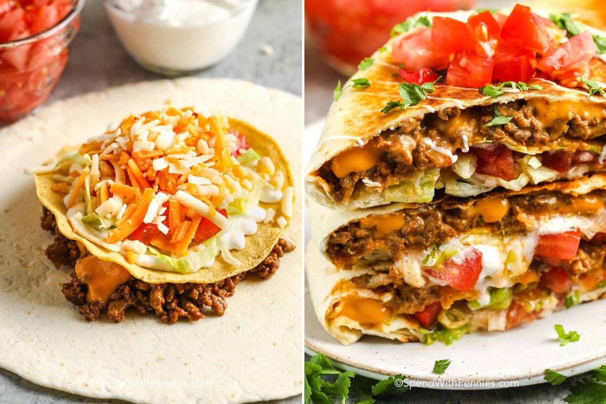 A split-image showing a single taco filled with beef and cheese on the left, inspired by Taco Bell copycat recipes, and a stack of crispy, cheesy tacos with toppings on the right.