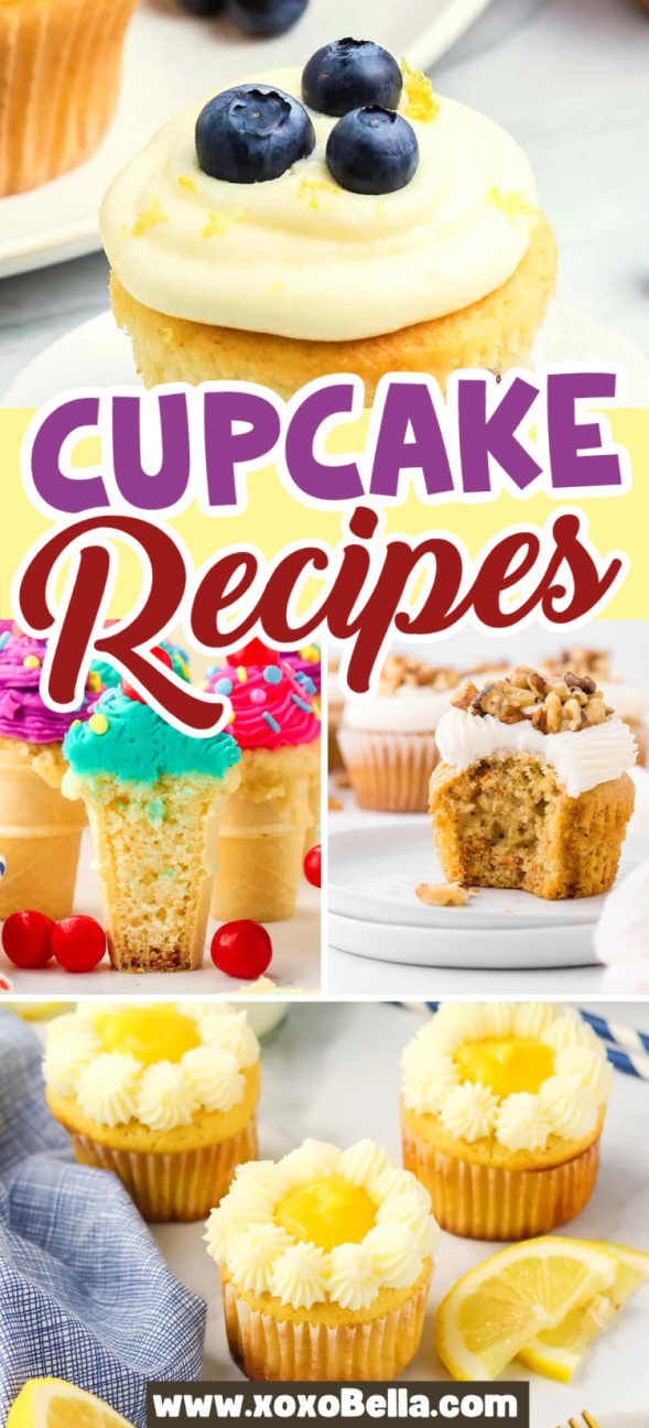 A collage of four colorful cupcakes with different toppings, perfect for anyone looking for delightful cupcake recipes.