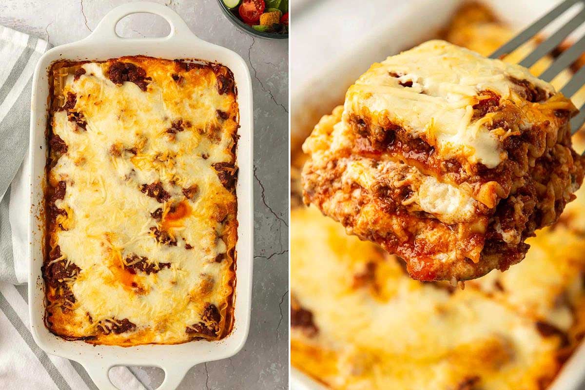 A baked lasagna in a 9x13 baking dish, one side showing the full dish and the other displaying a single lifted slice with melted cheese.