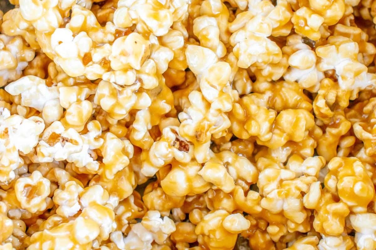 A close-up view of caramel-coated popcorn from our caramel recipes collection.