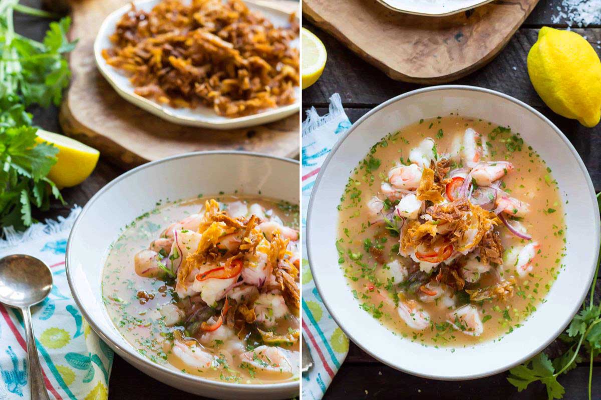 Two dishes on a table: on the left, a plate of biryani with lemon and cilantro, and on the right, a bowl of seafood soup garnished with herbs, lemon, and