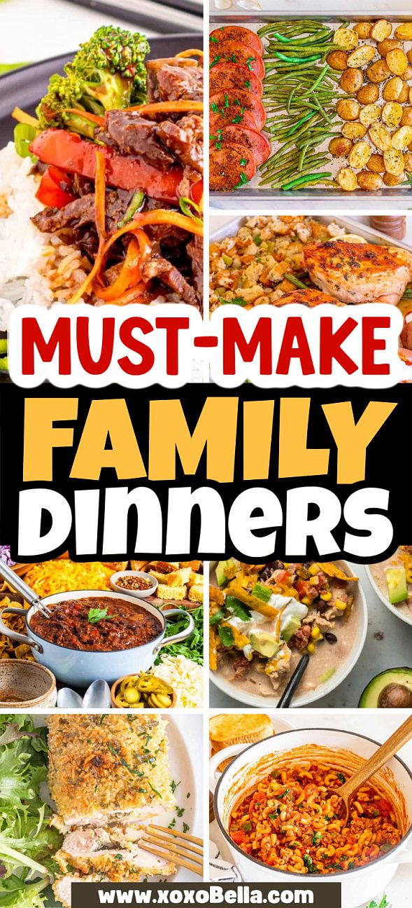 Collage of colorful, homemade family dinner dishes, including meats, vegetables, chilis, and pasta—perfect inspiration for new dinner recipes.