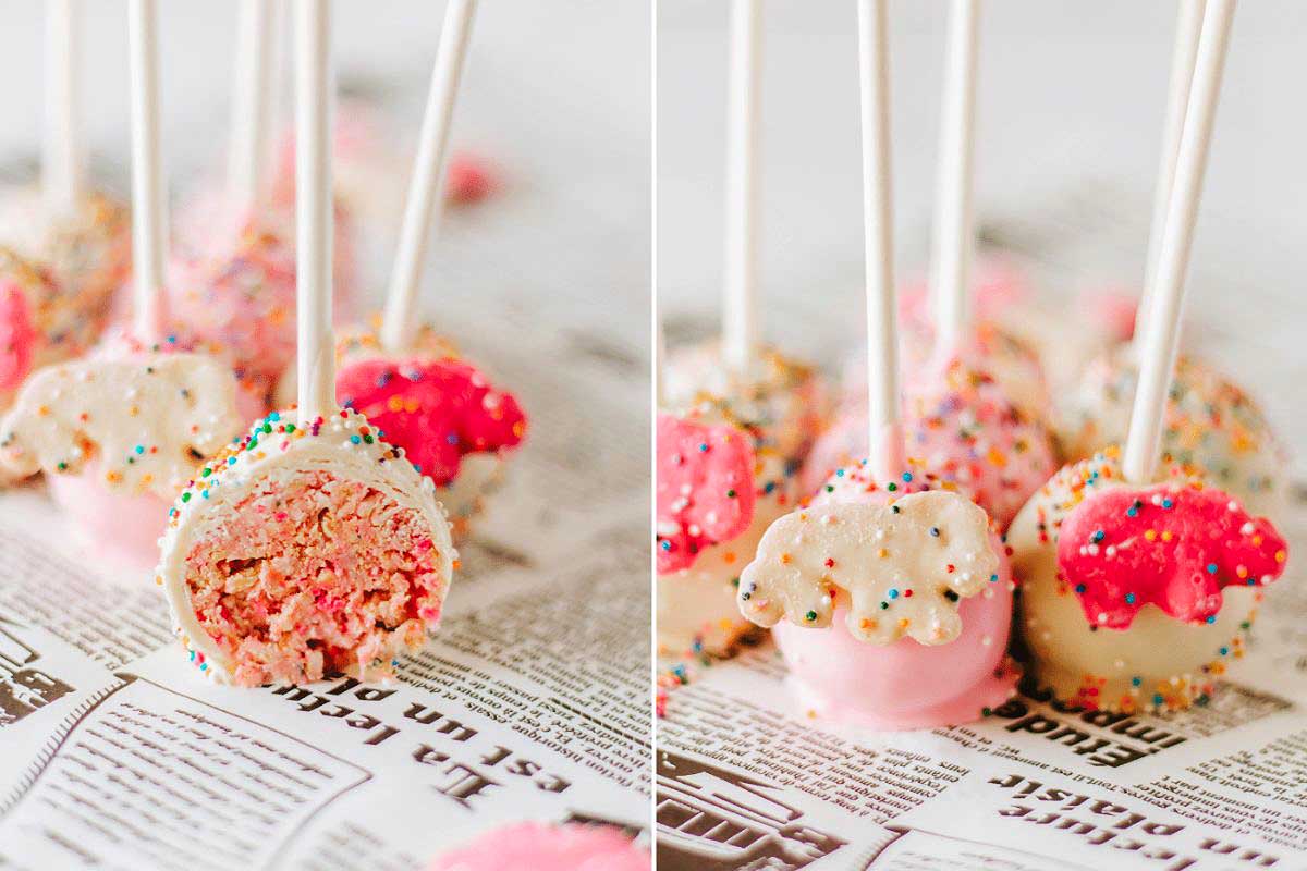 Two images of cake pops; one shows whole pops dipped in pink icing with sprinkles inspired by circus animal cookies, the other showcases a bitten pop revealing a pink cake interior.