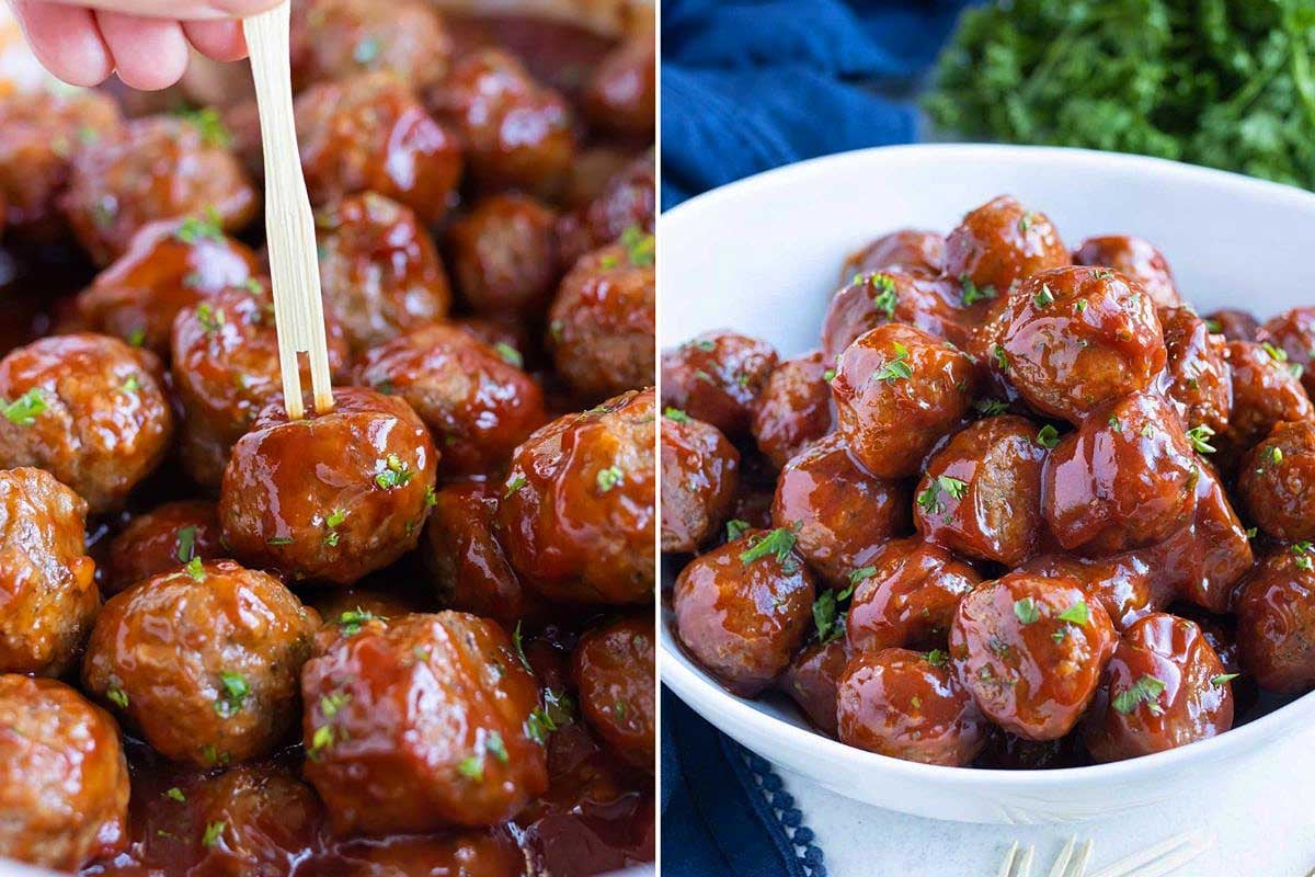 A split image showing ketchup-glazed meatballs: on the left, a hand uses chopsticks to pick one up; on the right, meatballs served in a white bowl, garnished with