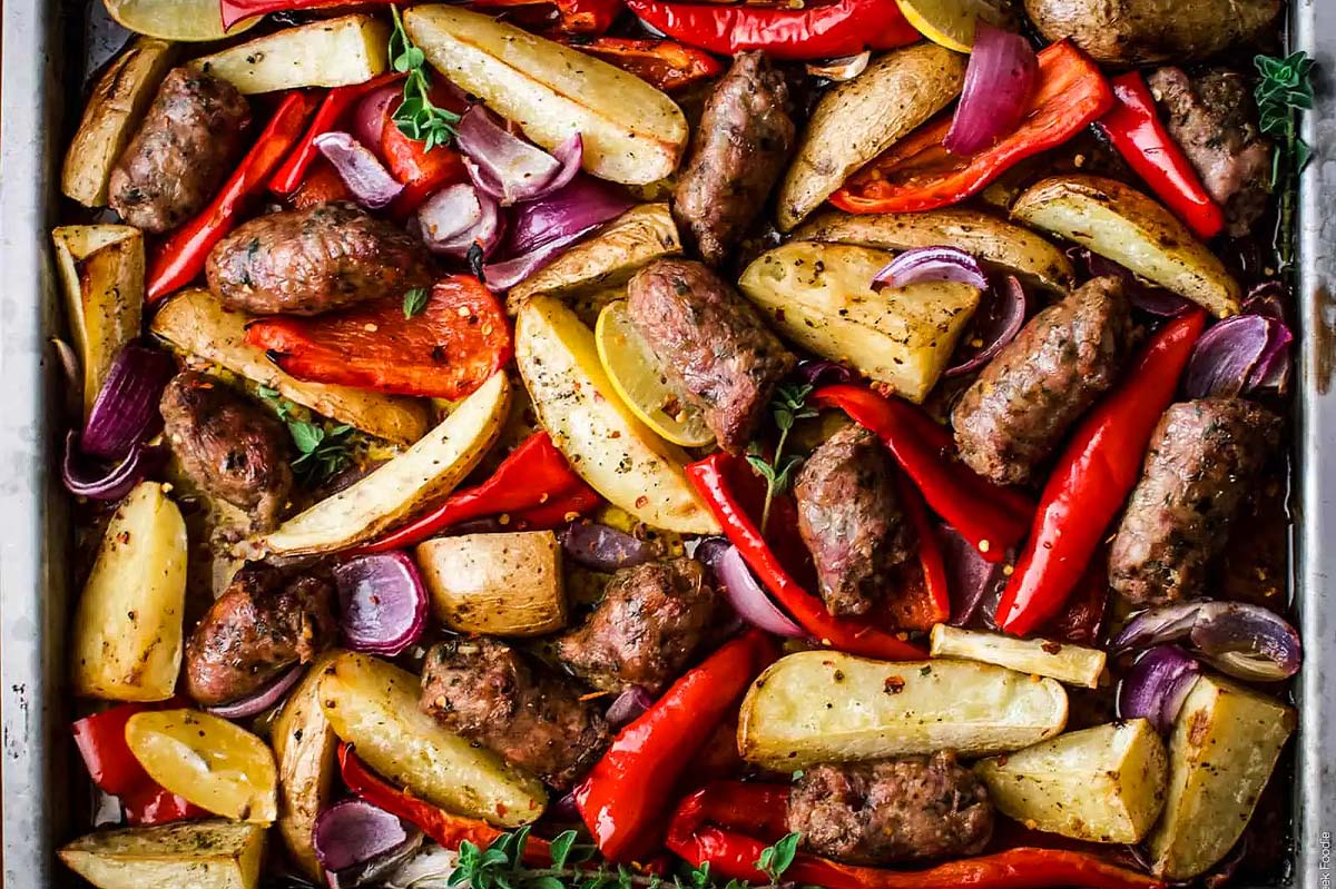 Greek Sausage Sheet Pan Dinner.
