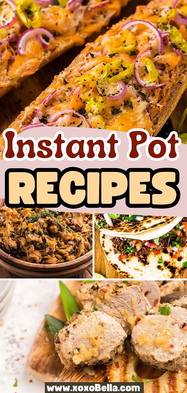 Collage of instant pot recipes featuring bread, shredded meat, tacos, and sliced meat with herbs and onions.
