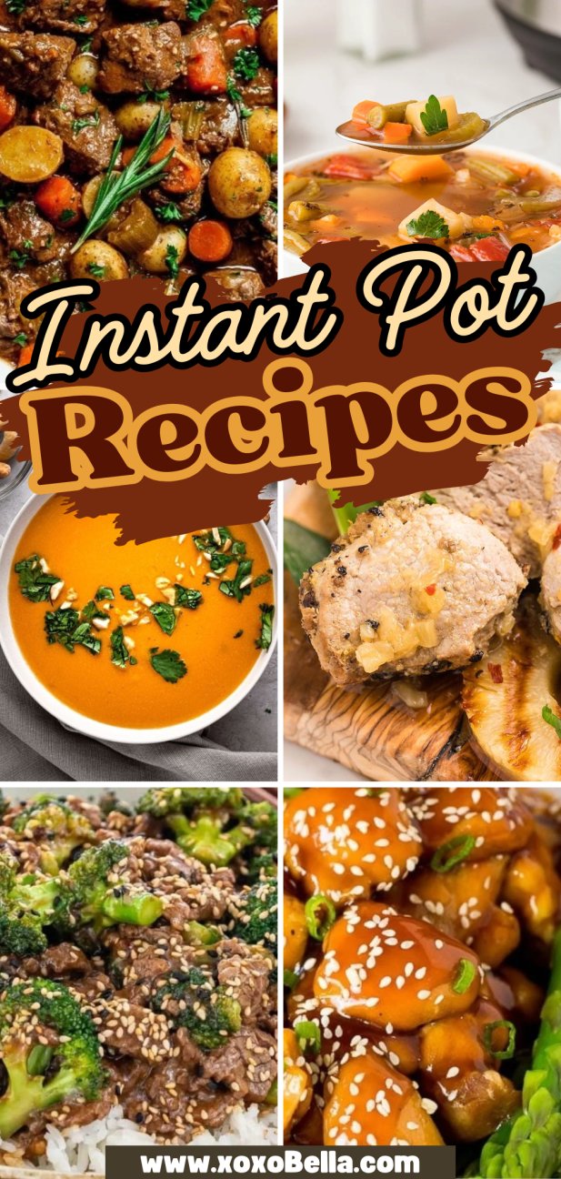 Collage of wholesome Instant Pot dishes, including stews, soups, and stir-fries.