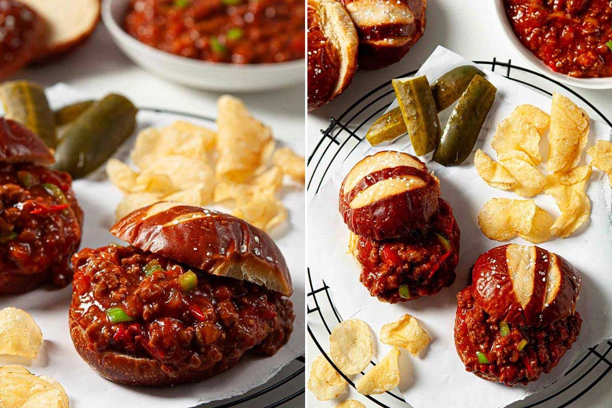 Two images of sloppy joes served with pickles and chips; the left shows an open sandwich, the right shows it assembled, both on white plates with a side of ketchup.