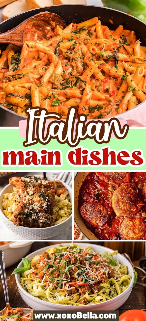 Collage of Italian Main Dishes including pasta, meatballs, and chicken, all topped with savory sauce and fresh herbs.