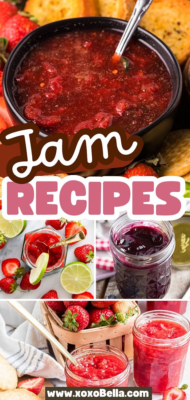 Collage of various jam recipes in jars and bowls, surrounded by fresh strawberries and bread.