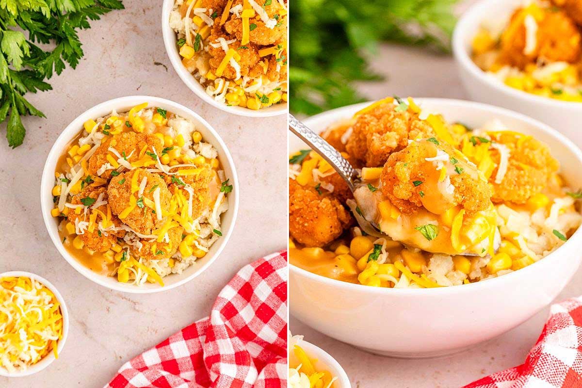 Two images of cheesy corn bowls topped with fried chicken from KFC recipes and garnished with parsley, served in white bowls on a table with a red checkered napkin.