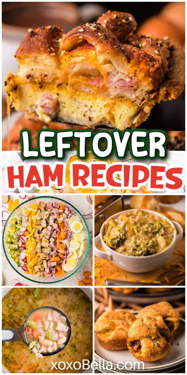 A collage of leftover ham recipes, featuring quiche, salad, soup, broccoli casserole, and stuffed pastries.