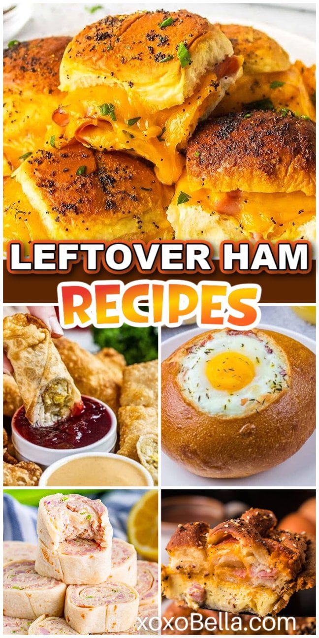 Collage of delicious leftover ham recipes, featuring sliders, egg bread bowls, wraps, baked dishes, and savory dipping rolls.