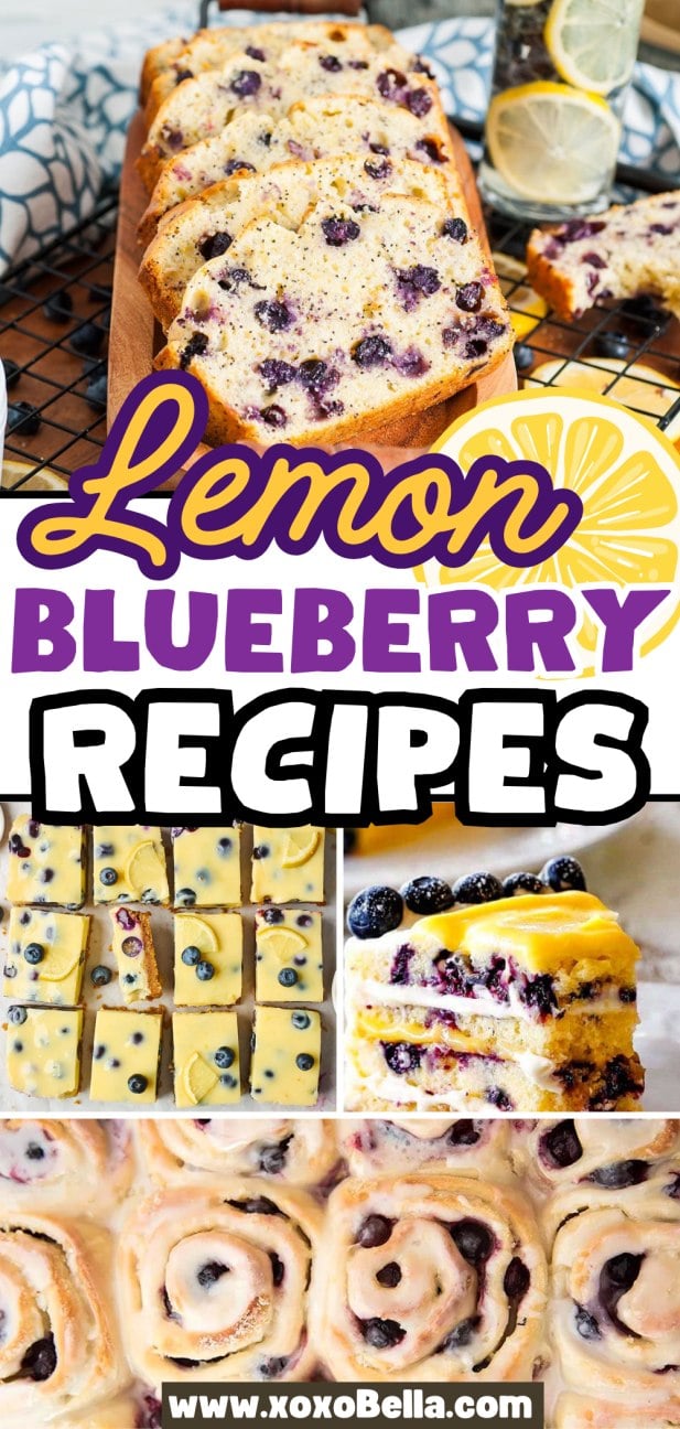 Collage of lemon blueberry baked goods, including bread, bars, cake, and rolls—perfect inspiration for delicious lemon blueberry recipes.