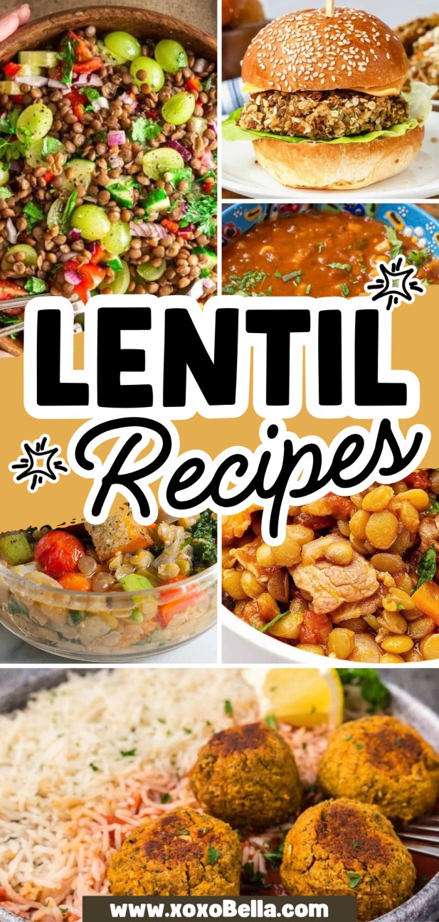 A collage of colorful lentil dishes, including salads, burgers, curry, and falafel, highlights a variety of tasty and inspiring lentil recipes.