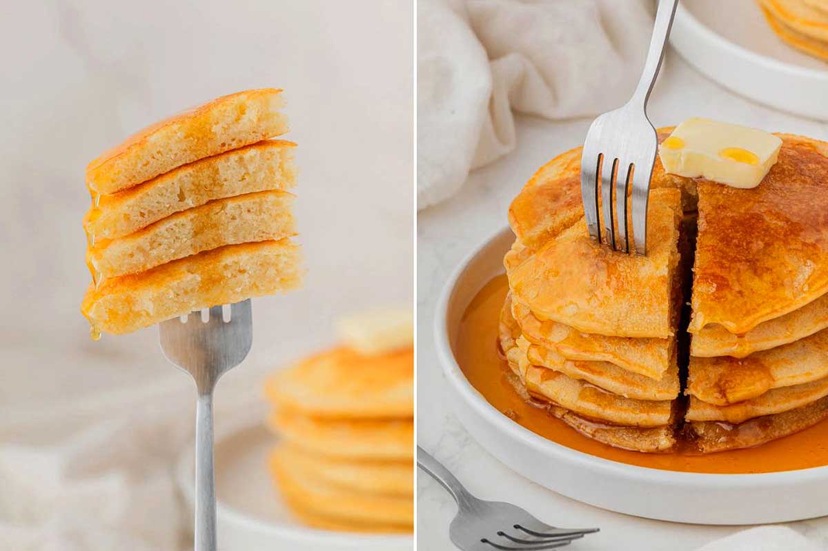 A stack of pancakes with butter and syrup on a plate, featuring McDonald's recipes, next to a close-up of a fork holding a bite-sized piece.