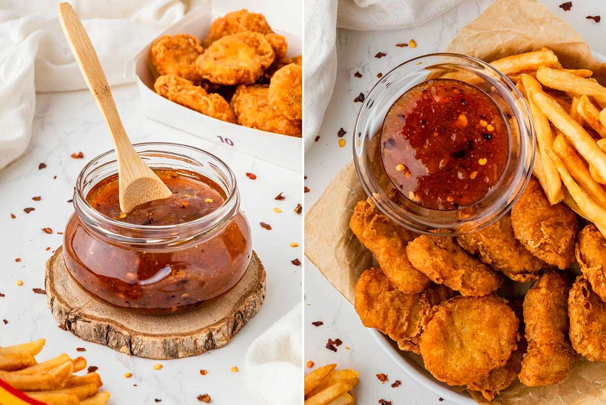 A diptych of McDonald's recipes featuring a jar of chili sauce with a spoon and a portion of fried chicken nuggets with fries.