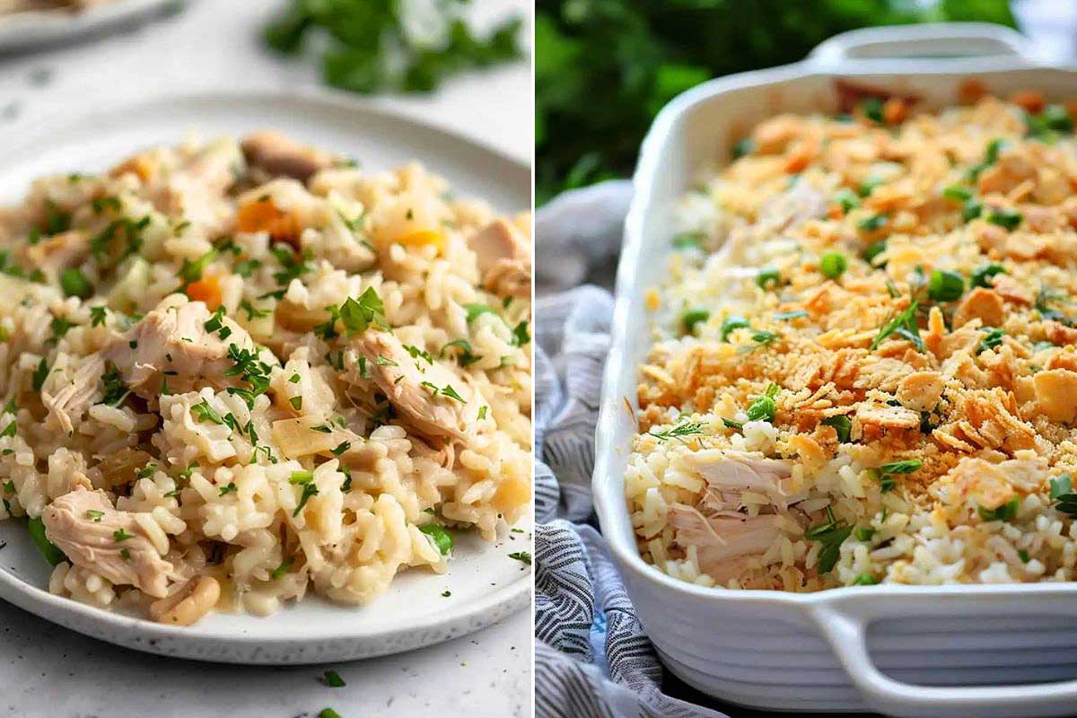 Two images of chicken and rice dishes: the left shows creamy risotto garnished with parsley, and the right displays a baked casserole in a 9x13 baking dish topped with crispy crumbs