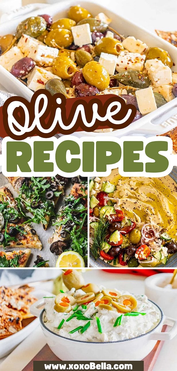 A collage of dishes featuring olives, including salads, dips, and a baked olive and feta appetizer—perfect inspiration for your next collection of olive recipes.