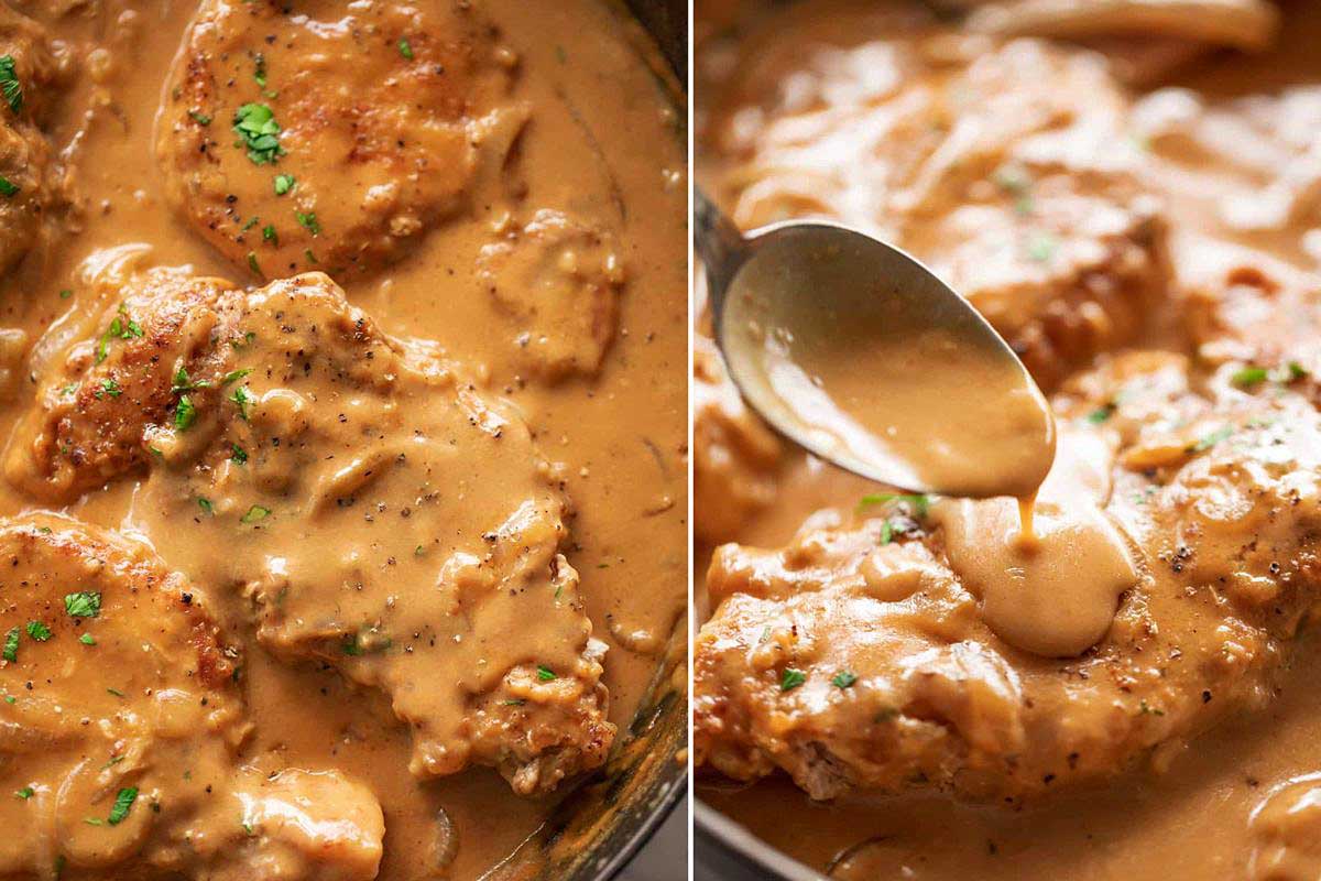 Two images of pork chop smothered in a creamy mushroom sauce, garnished with parsley, served in a pan and being spooned onto a plate.