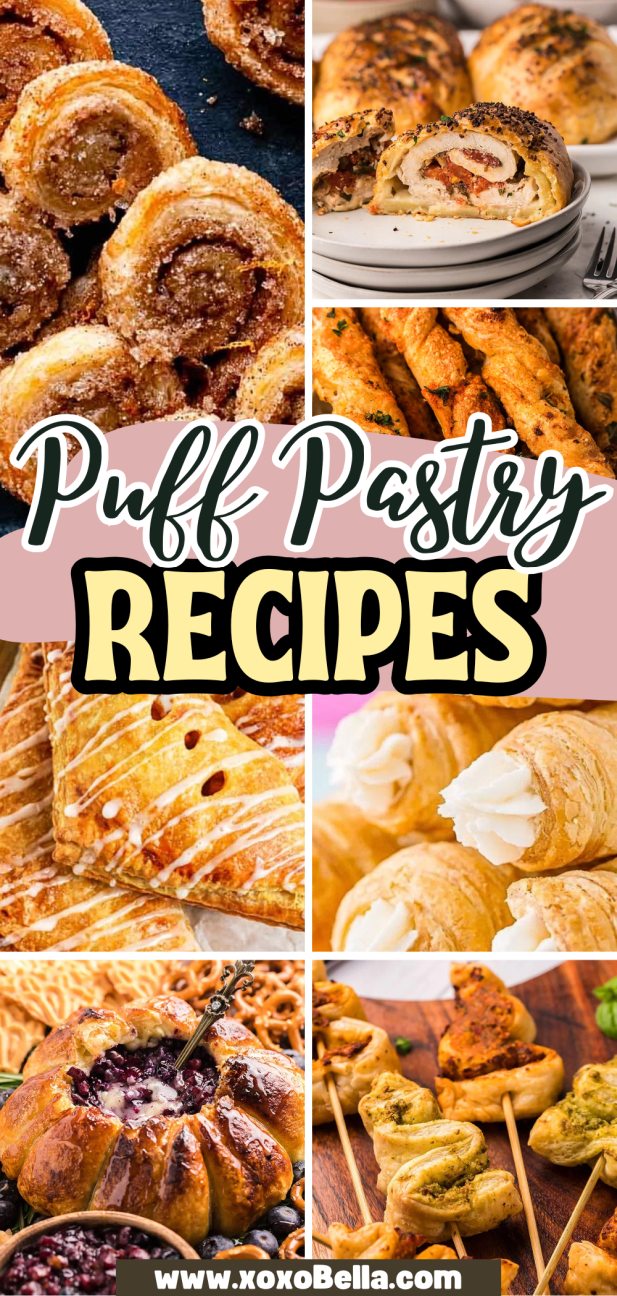 A vibrant collage showcasing delicious puff pastry recipes, featuring rolls, twists, and beautifully filled pastries.