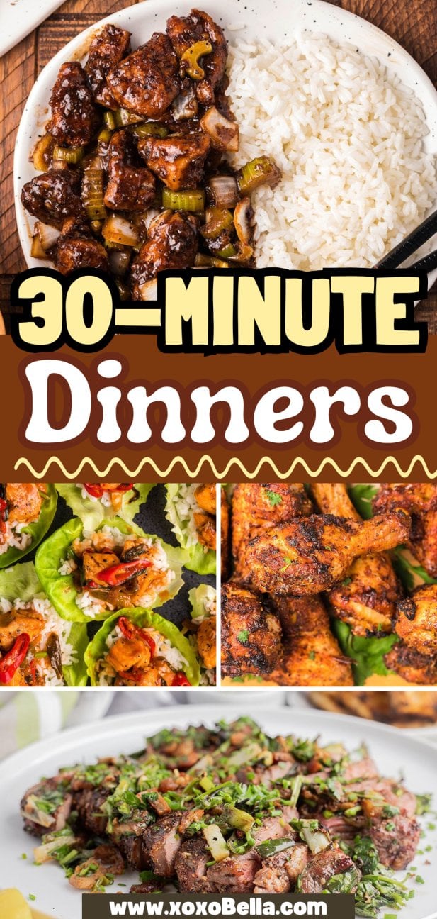 Collage of four quick dinner dishes with rice, chicken, lettuce wraps, and steak, perfect for making delicious meals in 30 minutes or less.