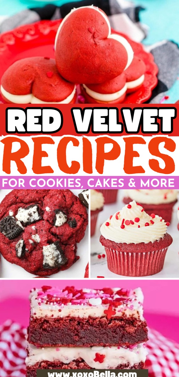 Assorted red velvet desserts, including cookies, cupcakes, macarons, and cake—perfect inspiration for your next red velvet recipes adventure.