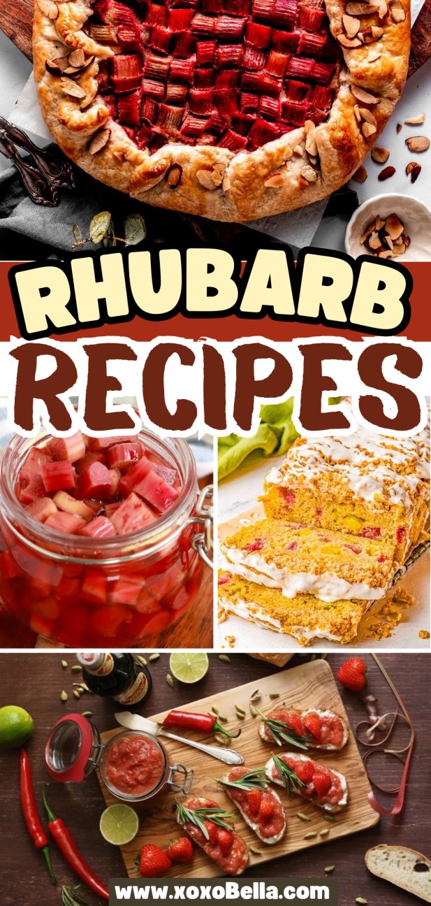 Collage showing rhubarb recipes like galette, pickled rhubarb, cake, and cocktails with fresh rhubarb and strawberries.