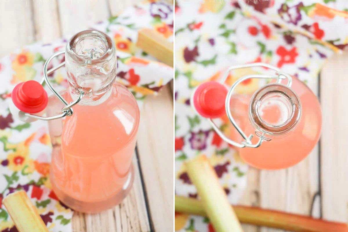 Two images of a clear glass bottle filled with pink liquid, featuring a red stopper and metal clasp, set on a wooden surface with a floral cloth and rhubarb recipes nearby.