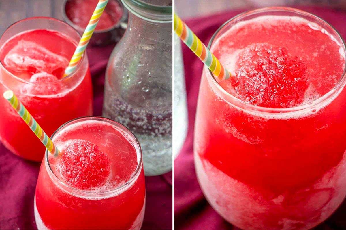 Two glasses of bright red rhubarb smoothie with ice cubes and striped straws, next to a half-full bottle on a purple cloth.