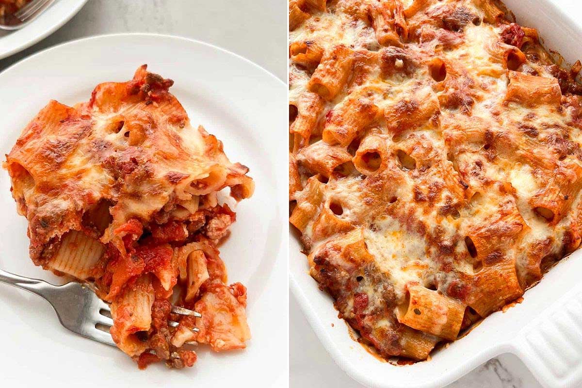 A plate of baked ziti on the left and a 9x13 baking dish filled with baked ziti topped with melted cheese on the right.