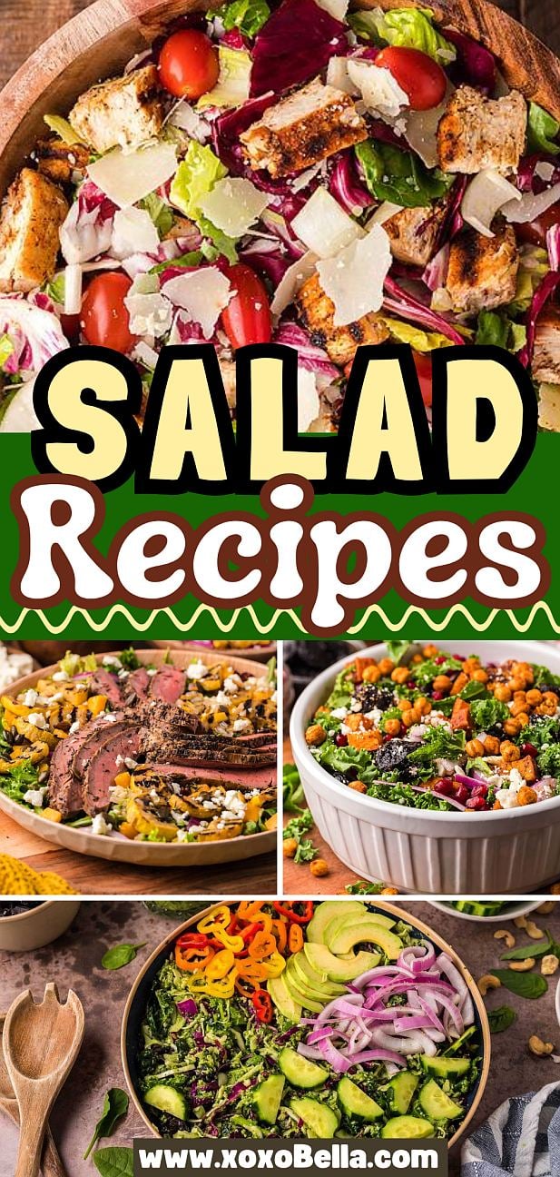 Collage of colorful salads with vegetables, steak, croutons, and cheese, to inspire your next salad recipes adventure.
