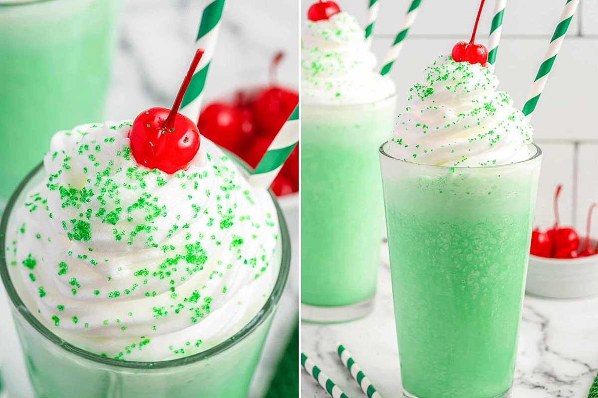 Two images of McDonald's-inspired green milkshakes topped with whipped cream, green sprinkles, and a cherry, served with striped straws.
