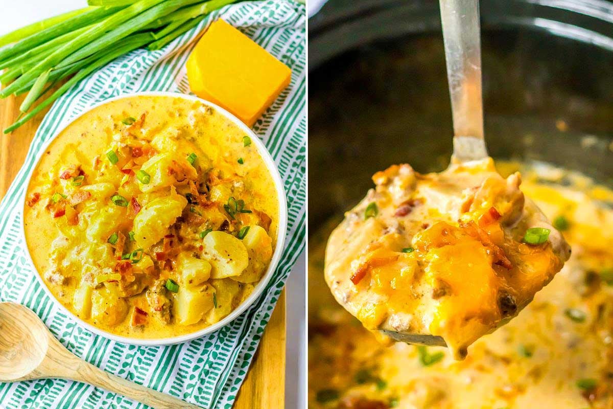 Left: a bowl of creamy potato soup with Velveeta cheese and green onions. Right: a ladle scooping potato soup, showing hearty chunks and melted cheese.