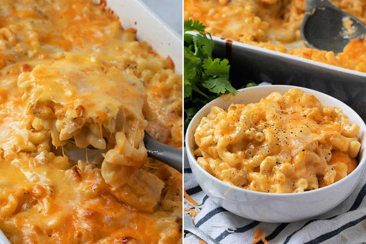 Two images of Velveeta cheese recipes: on the left, a baked macaroni and cheese with a golden crust, and on the right, a creamy version served in a white bowl.