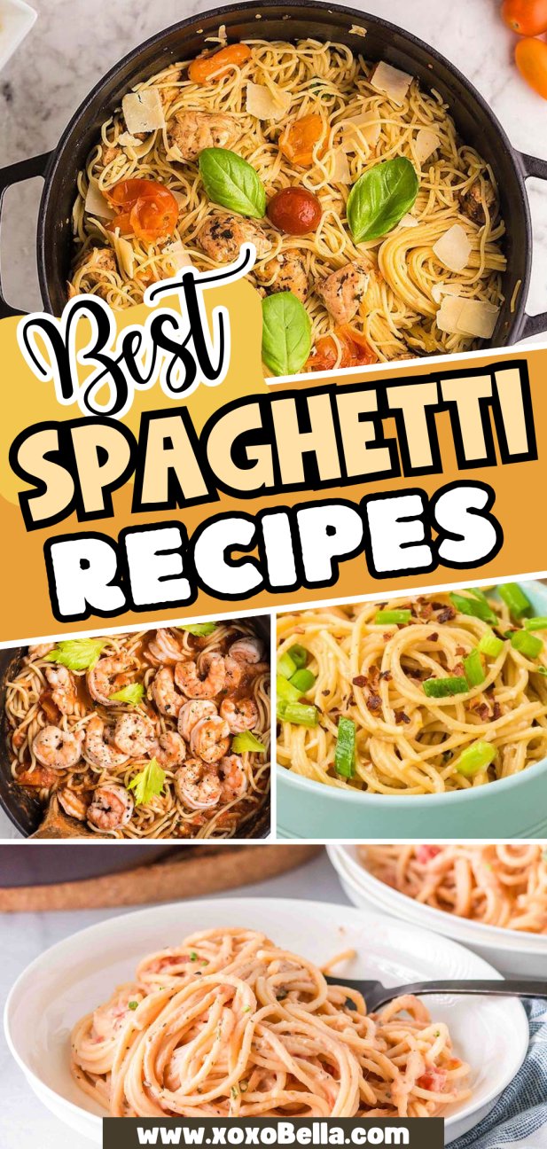 Collage of spaghetti dishes featuring a variety of delicious toppings.