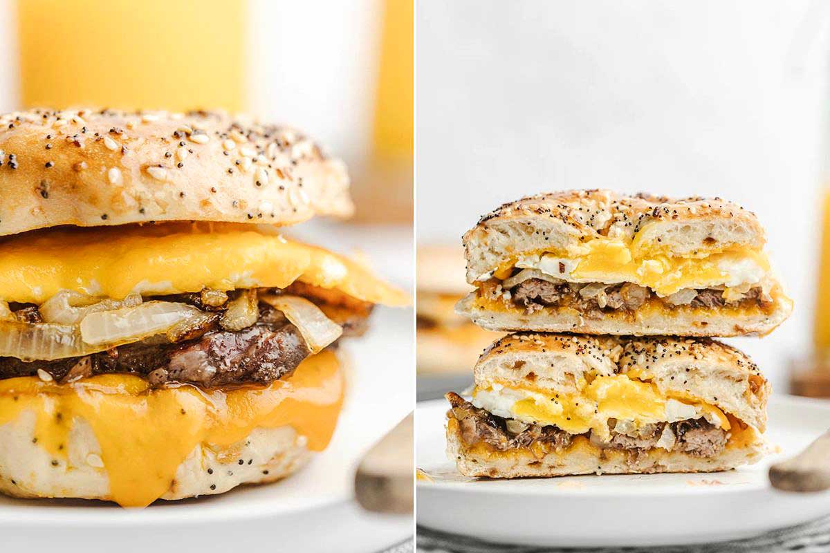 A breakfast sandwich with egg, cheese, and sausage on a sesame seed bun, inspired by McDonald's recipes, served whole and sliced in half.