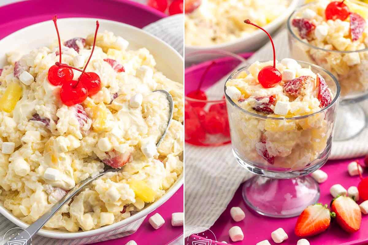Bowls of fruit salad garnished with cherries, perfect for church potluck desserts, on a pink background.