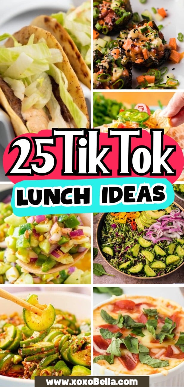Collage of colorful lunch dishes including tacos, pizza, salads, and veggies —perfect inspiration for your next TikTok lunch.
